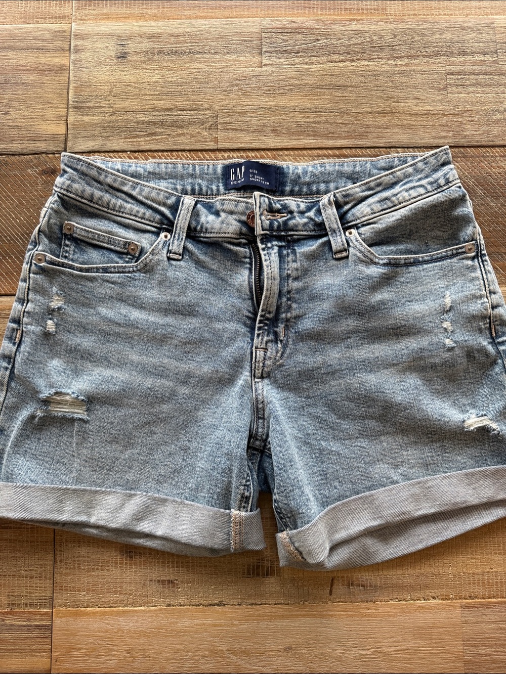 GAP Light Blue Distressed Denim Roll-Cuff Shorts